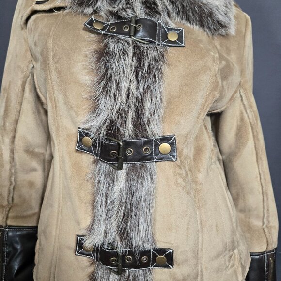 Y2K Beige Faux Fur Faux Suede Coat Jacket size S Faux Leather Buckles Penny Lane - Picture 5 of 16